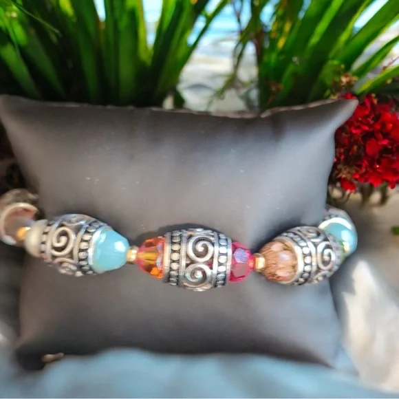 Brighton Ayu Rainbow Multi-Color Crystals Beads Wood Scroll Retired Bracelet NWT - Picture 2 of 6